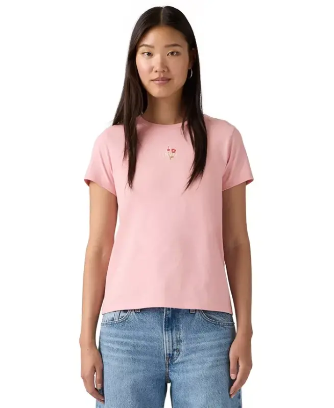 Women's Perfect Graphic Logo Cotton T-Shirt - Floral Emb Bw Coral Blush - 5