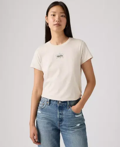 Women's Perfect Graphic Logo Cotton T-Shirt - Floral Emb Bw Oatmeal Heather Gray 