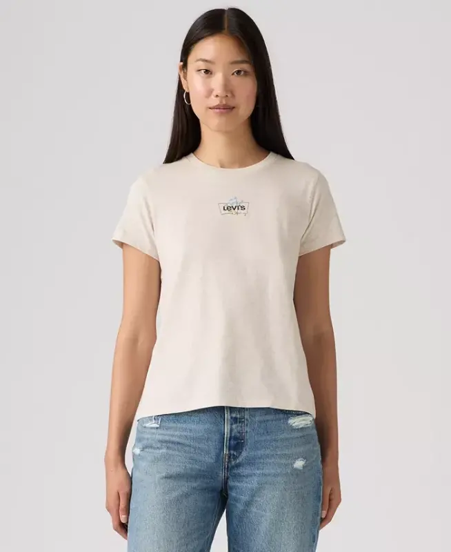 Women's Perfect Graphic Logo Cotton T-Shirt - Floral Emb Bw Oatmeal Heather Gray - 4