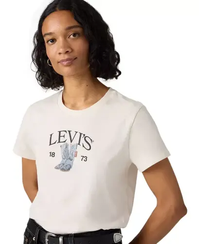 Women's Perfect Graphic Logo Cotton T-Shirt - Levis Denim Boots Egret - 2