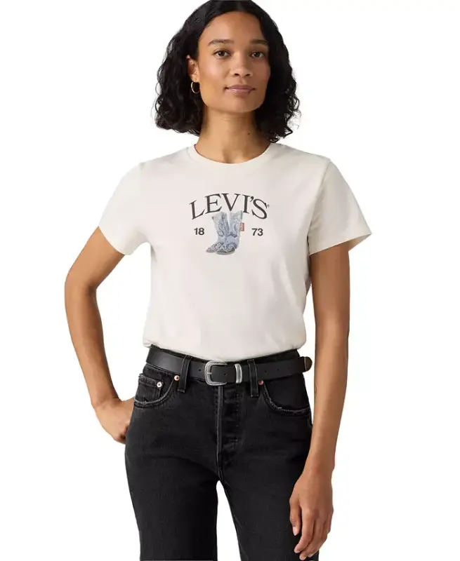 Women's Perfect Graphic Logo Cotton T-Shirt - Levis Denim Boots Egret - 4