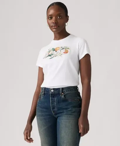 Women's Perfect Graphic Logo Cotton T-Shirt - Orange Farm Bw Bright White - 3