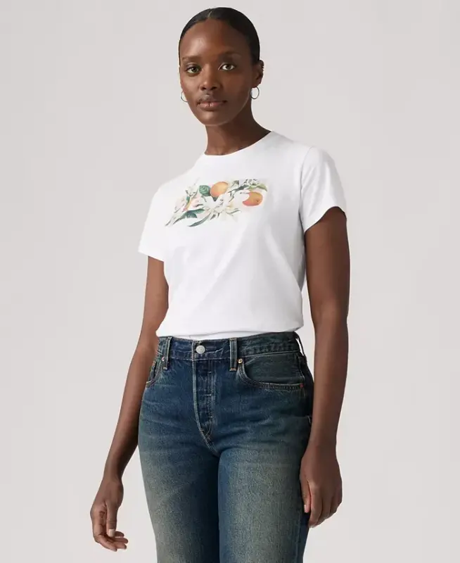 Women's Perfect Graphic Logo Cotton T-Shirt - Orange Farm Bw Bright White - 3