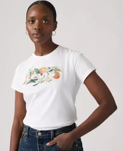 Women's Perfect Graphic Logo Cotton T-Shirt - Orange Farm Bw Bright White 