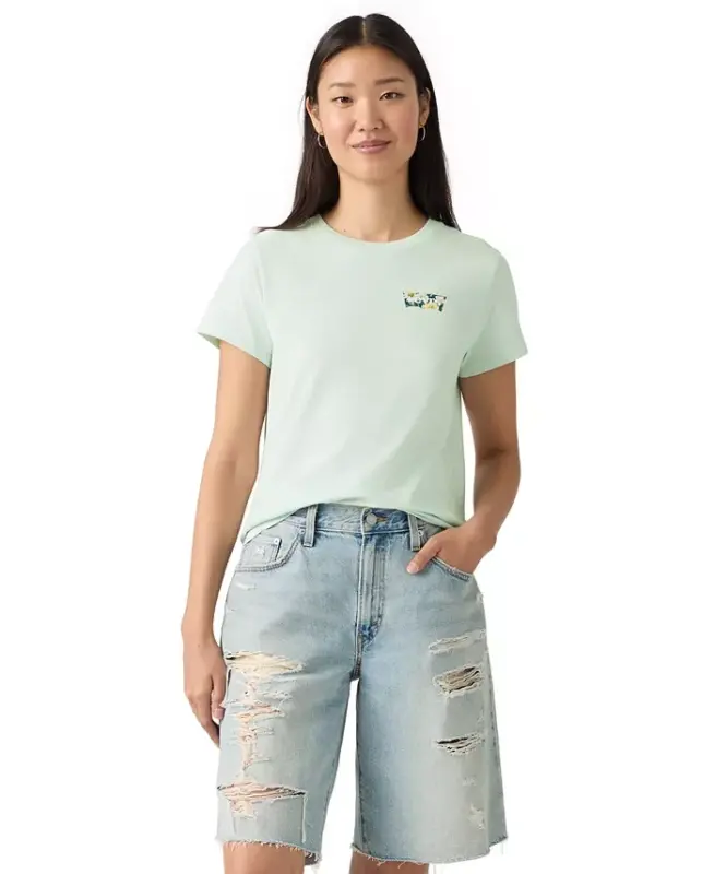 Women's Perfect Graphic Logo Cotton T-Shirt - P2_floral Bw Chest Hit Pale Blue - 5