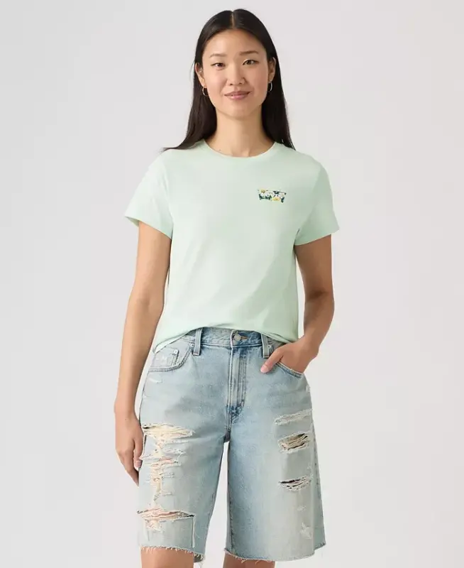 Women's Perfect Graphic Logo Cotton T-Shirt - P2_floral Bw Chest Hit Pale Blue - LEVI'S