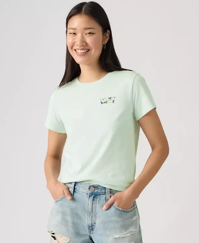 Women's Perfect Graphic Logo Cotton T-Shirt - P2_floral Bw Chest Hit Pale Blue - 4