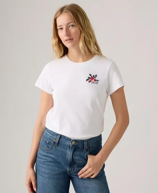 Women's Perfect Graphic Logo Cotton T-Shirt - Vicki Floral Bw Embroidery Bright White - 1