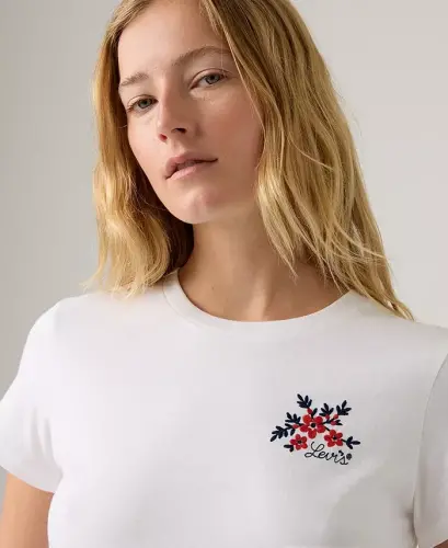 Women's Perfect Graphic Logo Cotton T-Shirt - Vicki Floral Bw Embroidery Bright White - 2