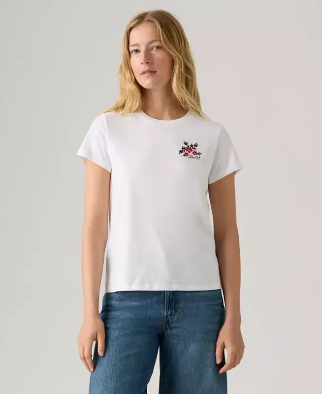 Women's Perfect Graphic Logo Cotton T-Shirt - Vicki Floral Bw Embroidery Bright White - 4