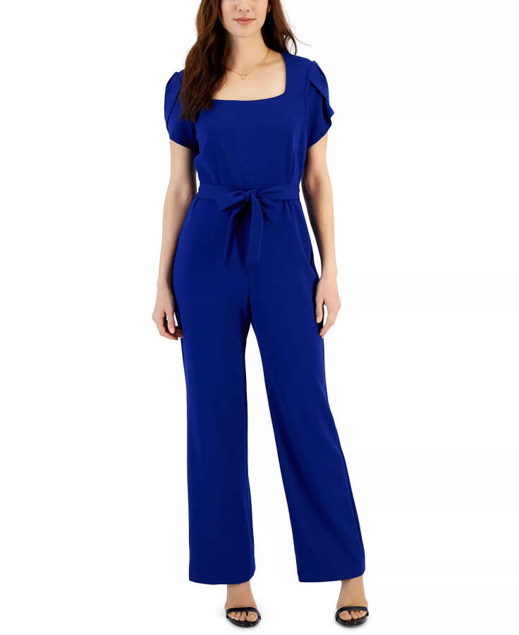 Women's Petal-Sleeve Tie-Waist Square-Neck Jumpsuit Cobalt Blue - 1