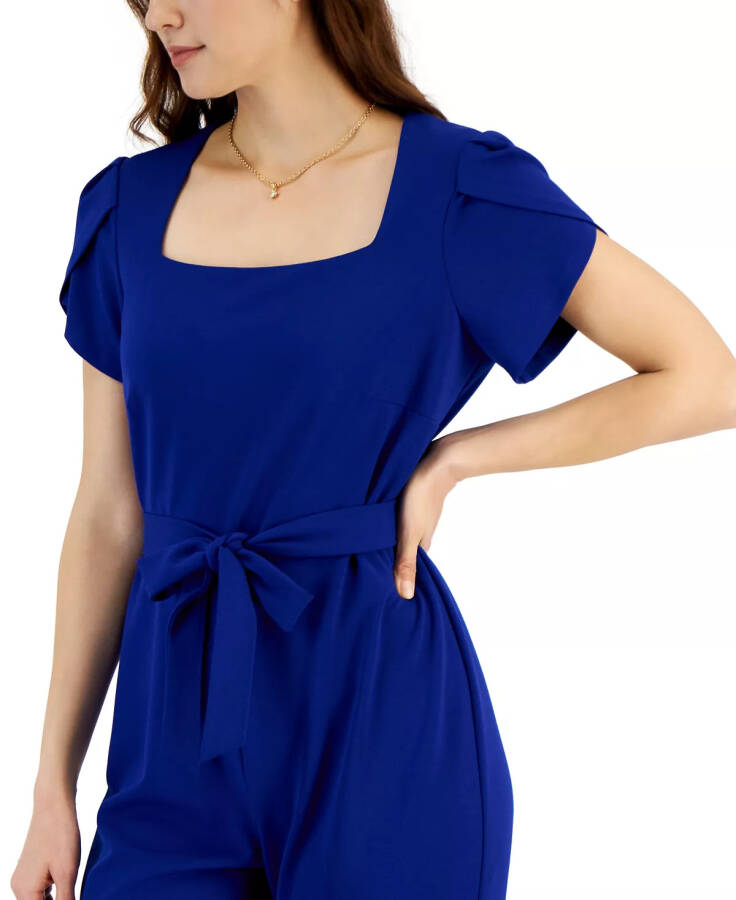 Women's Petal-Sleeve Tie-Waist Square-Neck Jumpsuit Cobalt Blue - 4