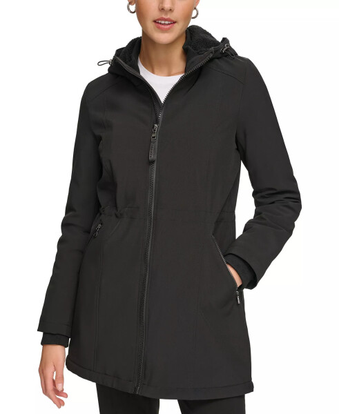 Womens Petite Hooded Faux-Fur-Lined Anorak Raincoat Black - 1