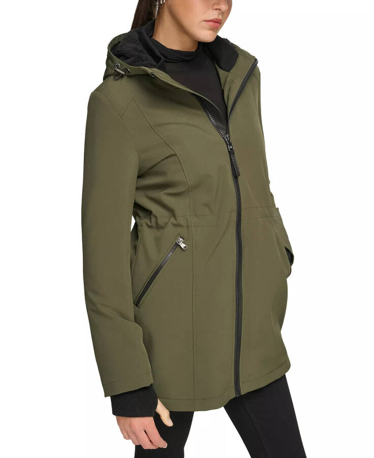 Womens Petite Hooded Faux-Fur-Lined Anorak Raincoat Olivine - 9