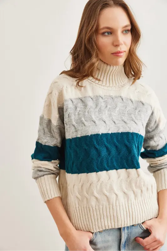 Women's Petrol Blue Braided Detailed Striped Soft Textured Knitted Sweater KZK-19000686-Petrol Blue - 1