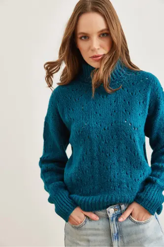 Women's Petrol Blue Turtleneck Soft Texture Knitted Sweater KZK-19000892-Petrol Blue 