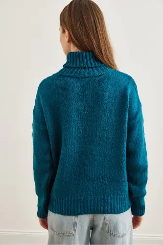 Women's Petrol Blue Turtleneck Soft Texture Knitted Sweater KZK-19000892-Petrol Blue - 5