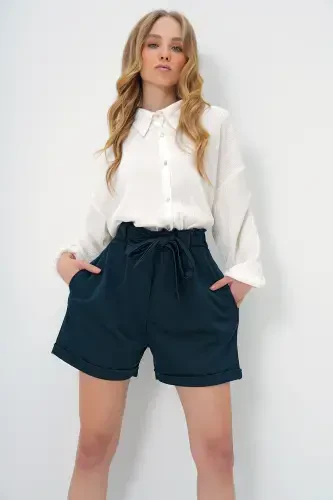 Women's Petrol Green Elastic Waist Belted Double Pocket Double Leg Carrot Gabardine Shorts ALC-X8450-Petrol Green - 1