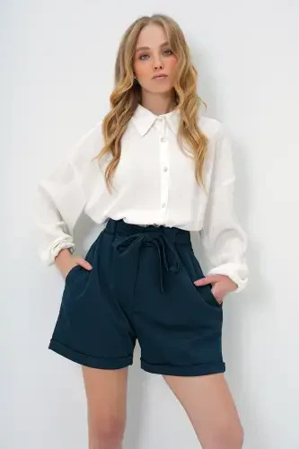 Women's Petrol Green Elastic Waist Belted Double Pocket Double Leg Carrot Gabardine Shorts ALC-X8450-Petrol Green - 4