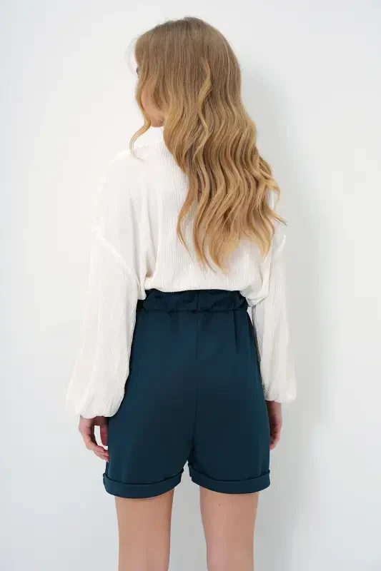 Women's Petrol Green Elastic Waist Belted Double Pocket Double Leg Carrot Gabardine Shorts ALC-X8450-Petrol Green - 6