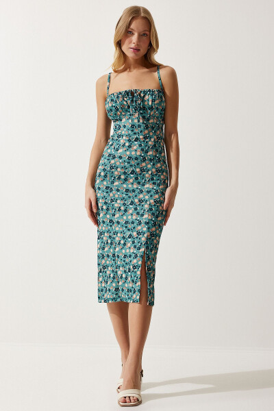 Women's Petrol Green Floral Print Slit Summer Knit Dress CI00029 