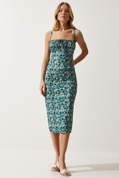 Women's Petrol Green Floral Print Slit Summer Knit Dress CI00029 - 2