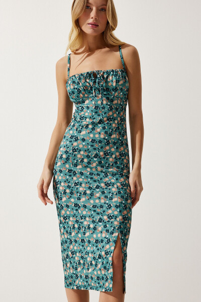 Women's Petrol Green Floral Print Slit Summer Knit Dress CI00029 - 3