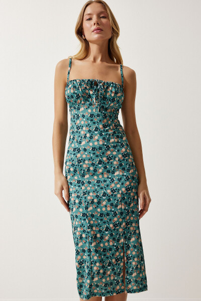 Women's Petrol Green Floral Print Slit Summer Knit Dress CI00029 - 4