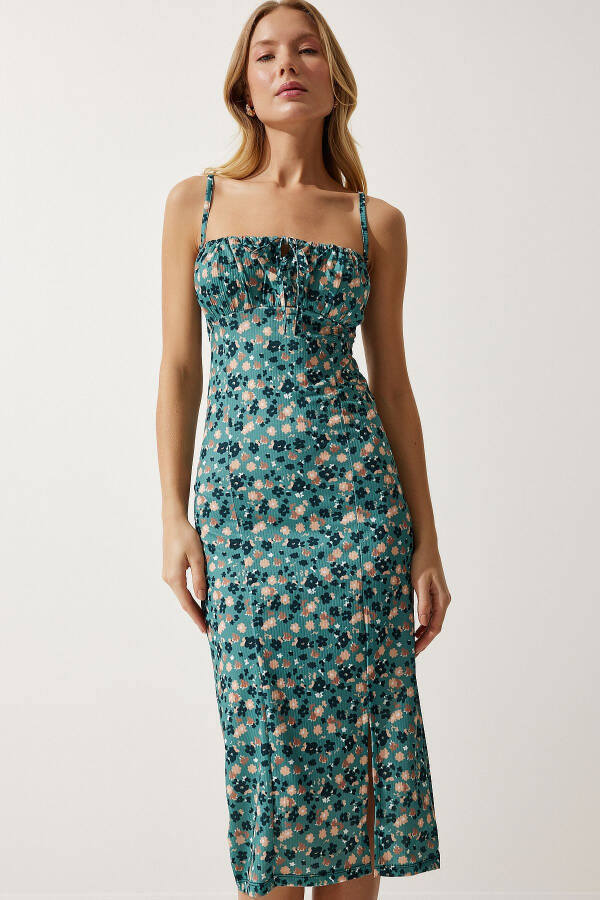 Women's Petrol Green Floral Print Slit Summer Knit Dress CI00029 - 4