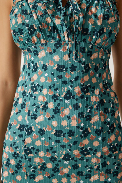 Women's Petrol Green Floral Print Slit Summer Knit Dress CI00029 - 5