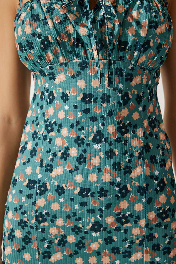 Women's Petrol Green Floral Print Slit Summer Knit Dress CI00029 - 5