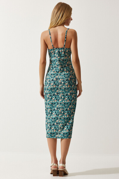 Women's Petrol Green Floral Print Slit Summer Knit Dress CI00029 - 6