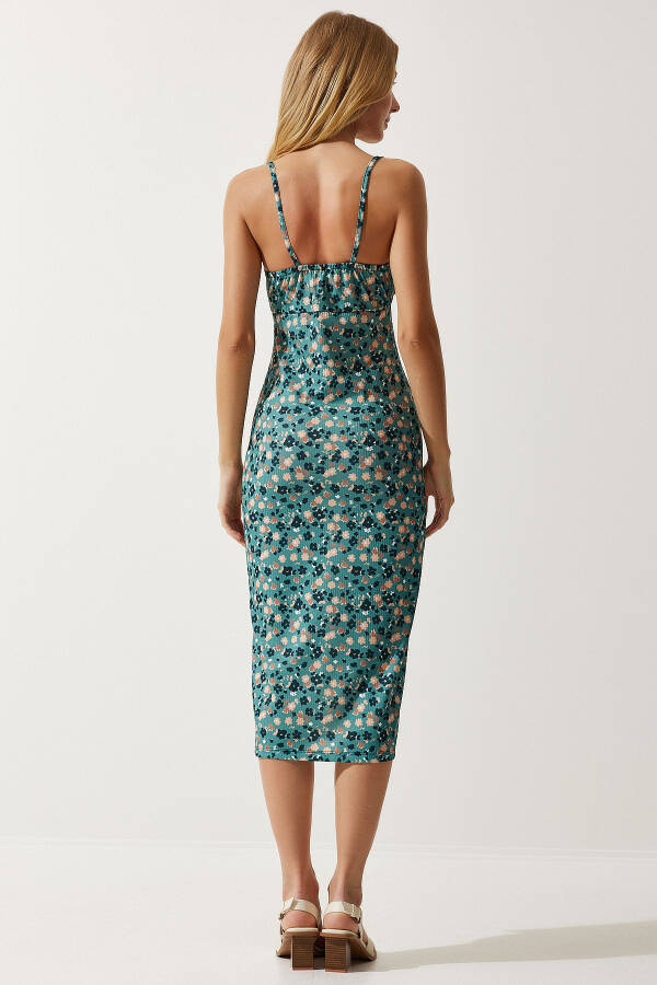 Women's Petrol Green Floral Print Slit Summer Knit Dress CI00029 - 6