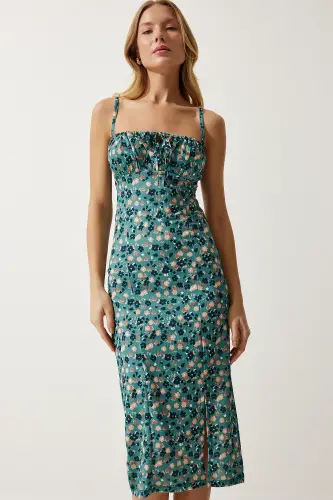 Women's Petrol Green Floral Print Slit Summer Knit Dress CI00029 - 4