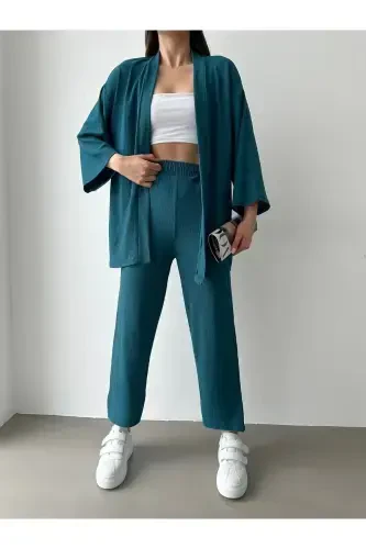 Women's Petrol Green Kimono Pants Knitted Suit-Petrol Green - 1