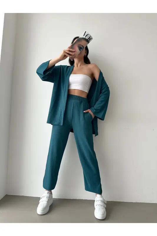 Women's Petrol Green Kimono Pants Knitted Suit-Petrol Green - 9