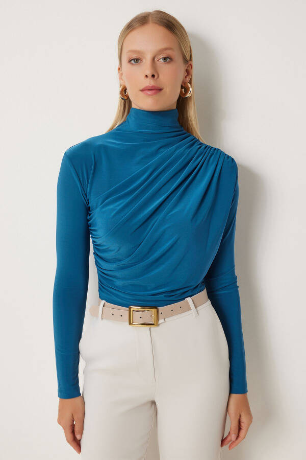 Women's Petrol Green Smocked Detail Stand Collar Sandy Blouse FF00135 - 2