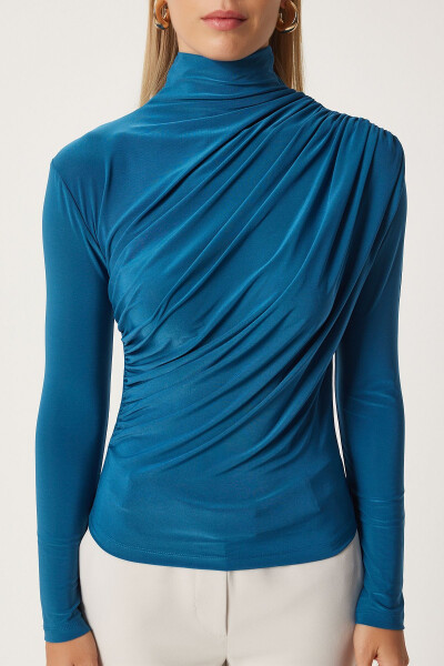 Women's Petrol Green Smocked Detail Stand Collar Sandy Blouse FF00135 - 3