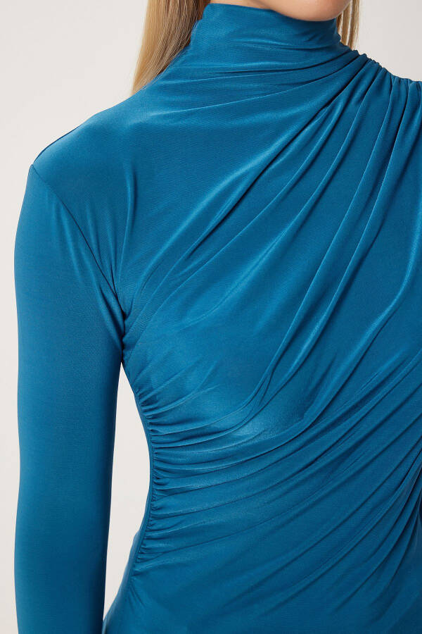 Women's Petrol Green Smocked Detail Stand Collar Sandy Blouse FF00135 - 4