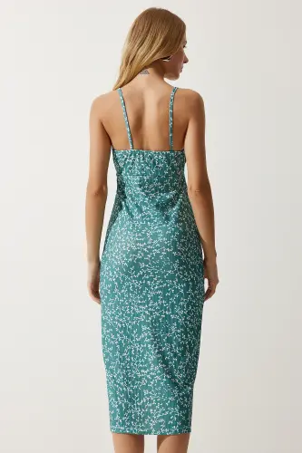 Women's Petrol Green White Floral Slit Summer Knitted Dress CI00029-Petrol Green White - 4