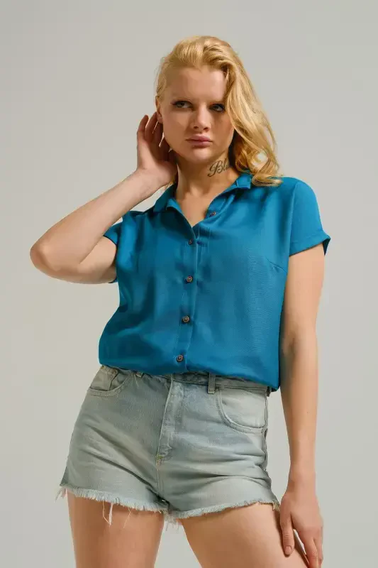 Women's Petrol Short Sleeve Shirt ARM-19Y001065-Petrol - ARMONIKA