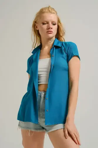 Women's Petrol Short Sleeve Shirt ARM-19Y001065-Petrol - ARMONIKA (1)