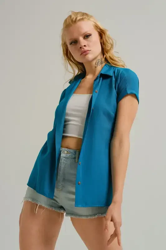 Women's Petrol Short Sleeve Shirt ARM-19Y001065-Petrol - 3