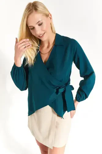 Women's Petrol Wrap Blouse-Petrol - 1