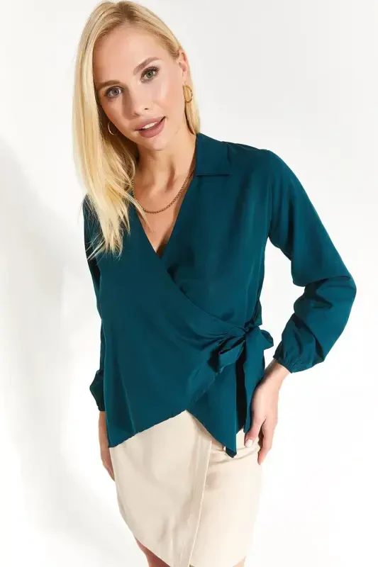 Women's Petrol Wrap Blouse-Petrol - 3