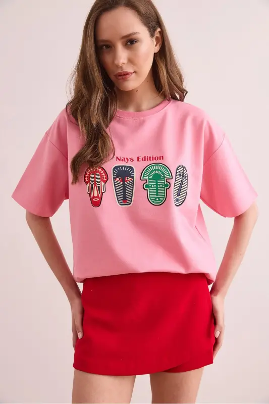 Women's Pink Aztec Figure Relaxed Fit 2 Rope T-Shirt - 3