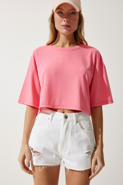 Women's Pink Basic Crop Knit T-Shirt RG00008 - 3