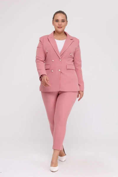 Women's Pink Blazer Jacket with Belt Pockets Wide Leg Trousers Plus Size Suit - SİZ