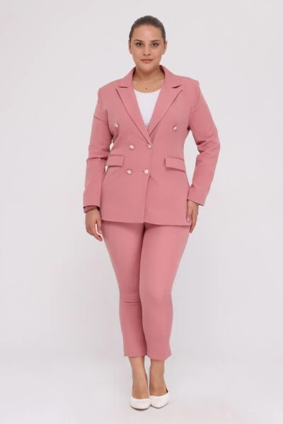Women's Pink Blazer Jacket with Belt Pockets Wide Leg Trousers Plus Size Suit - SİZ (1)