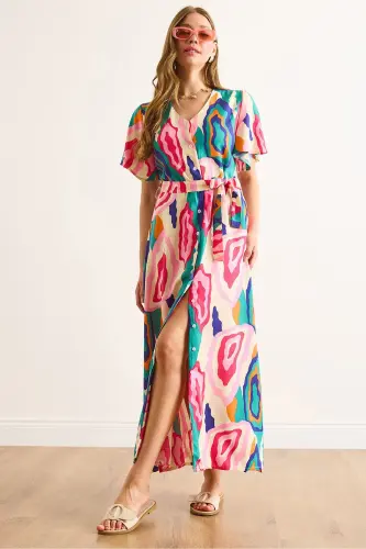 Women's Pink Blue Buttoned Belted Maxi Viscose Shirt Dress ELB-19002382-Pink Blue 